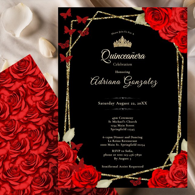 Convite Elegant Black Gold and Red Roses Quinceanera  (Criador carregado)