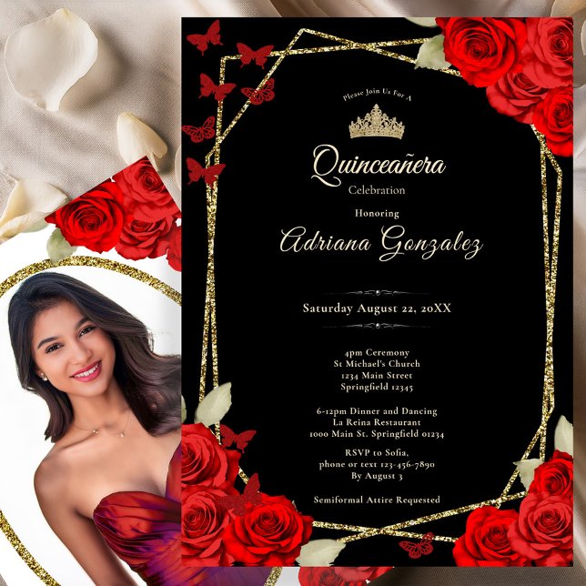 Convite Elegant Black Gold and Red Roses Quinceanera  (Criador carregado)