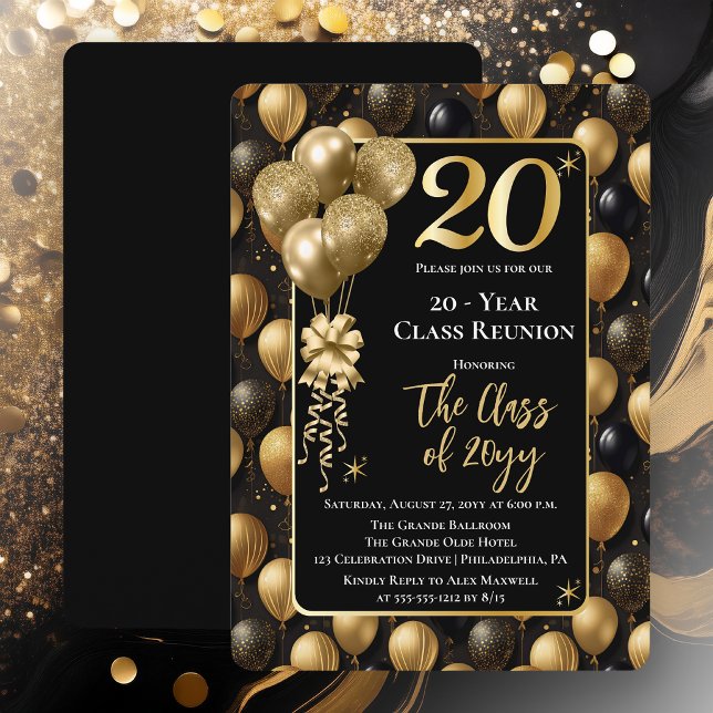 Convite Elegant Black Gold Balloons 20 Year Class Reunion (Elegant 20 Year Black and Gold Tone Faux Glitter Balloons Class Reunion Invitations)