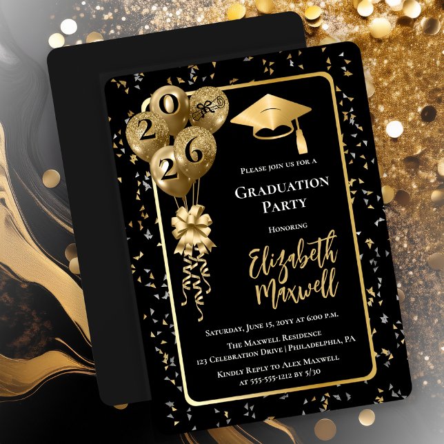 Convite Elegant Black Gold Balloons Graduation Party (Elegant Black and Gold Tone Graduation Party Invitation Balloons and Confetti - Print | Digital)
