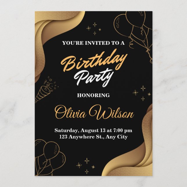 Convite Elegant Black & Gold Birthday Party Invitation (Frente)