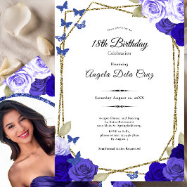 Convite Elegant Black Gold Blue Roses 18th Birthday Debut 