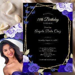 Convite Elegant Black Gold Blue Roses 18th Birthday Debut 