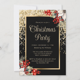 Convite Elegant Black Gold Botanical Christmas Party