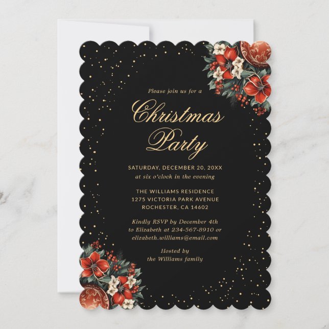 Convite Elegant Black Gold Botanical Christmas Party (Frente)