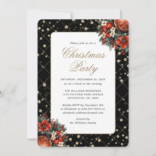 Convite Elegant Black Gold Botanical Christmas Party (Frente)