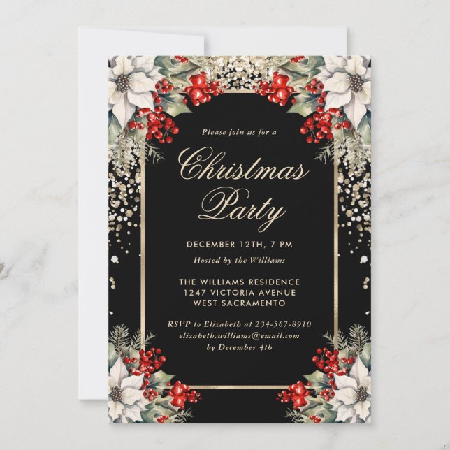 Convite Elegant Black Gold Botanical Christmas Party (Frente)