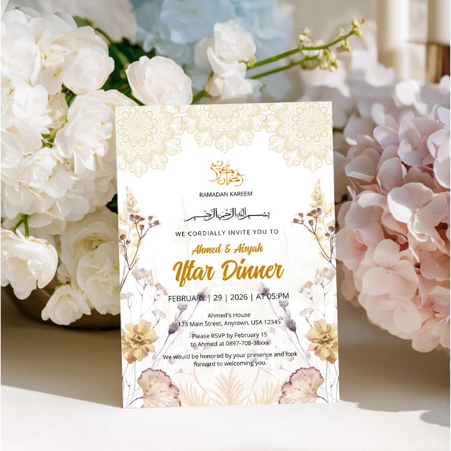 Convite Elegant Black & Gold | Floral Mosque Iftar (Criador carregado)