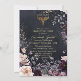 Convite Elegant Black & Gold Floral Nursing Graduation Inv