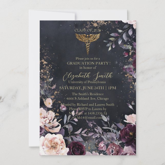 Convite Elegant Black & Gold Floral Nursing Graduation Inv (Frente)
