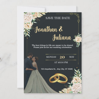 Convite Elegant Black & Gold Floral Save the Date Wedding