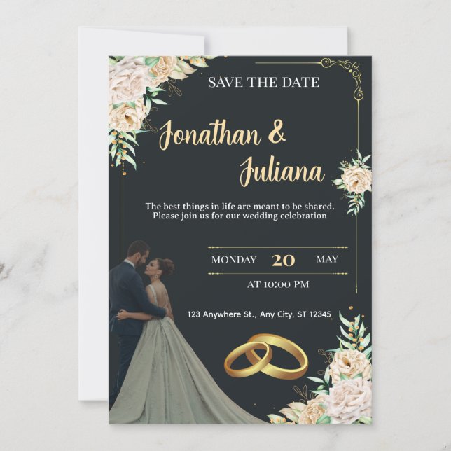Convite Elegant Black & Gold Floral Save the Date Wedding  (Frente)