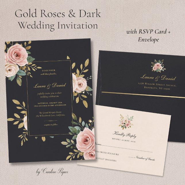 Convite Elegant Black & Gold Floral Wedding Invitation (Criador carregado)