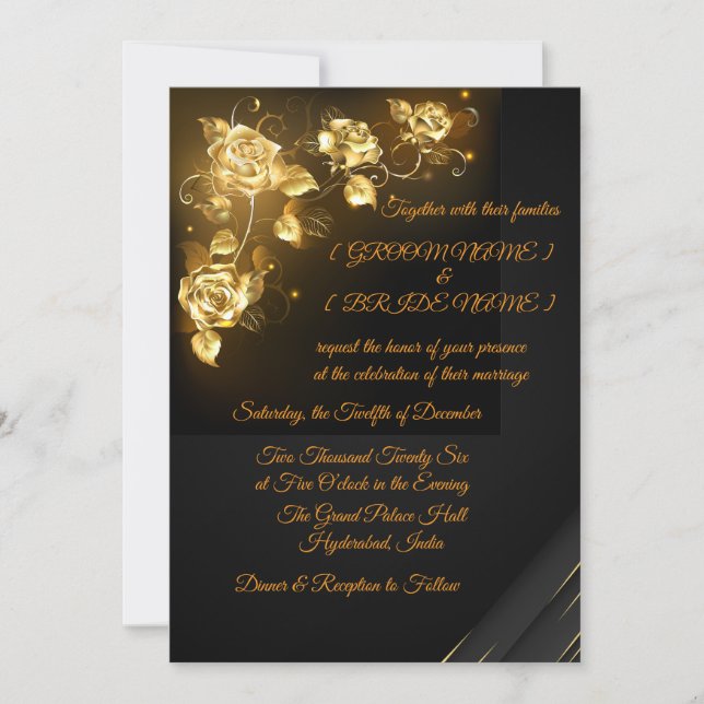 Convite Elegant Black & Gold Floral Wedding Invitation (Frente)
