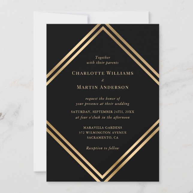 Convite Elegant Black Gold Geometric Wedding (Frente)