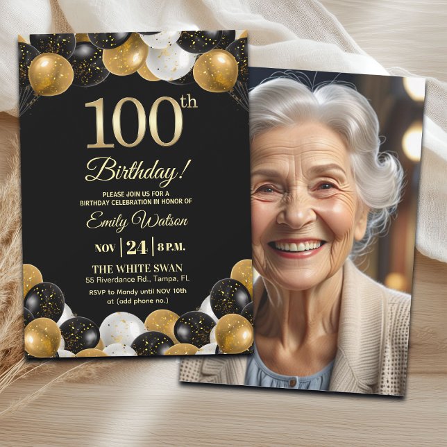 Convite Elegant Black Gold Glitter 100th Birthday Photo (Criador carregado)