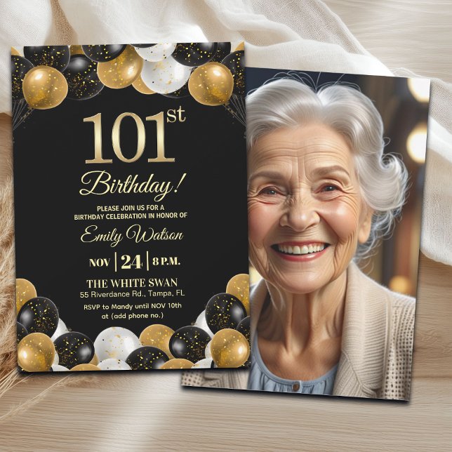 Convite Elegant Black Gold Glitter 101st Birthday Photo (Criador carregado)