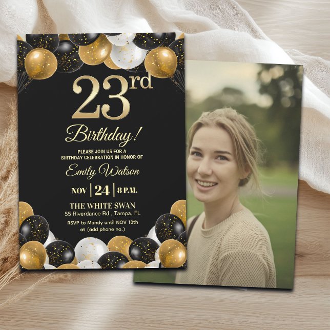Convite Elegant Black Gold Glitter 23rd Birthday Photo (Criador carregado)
