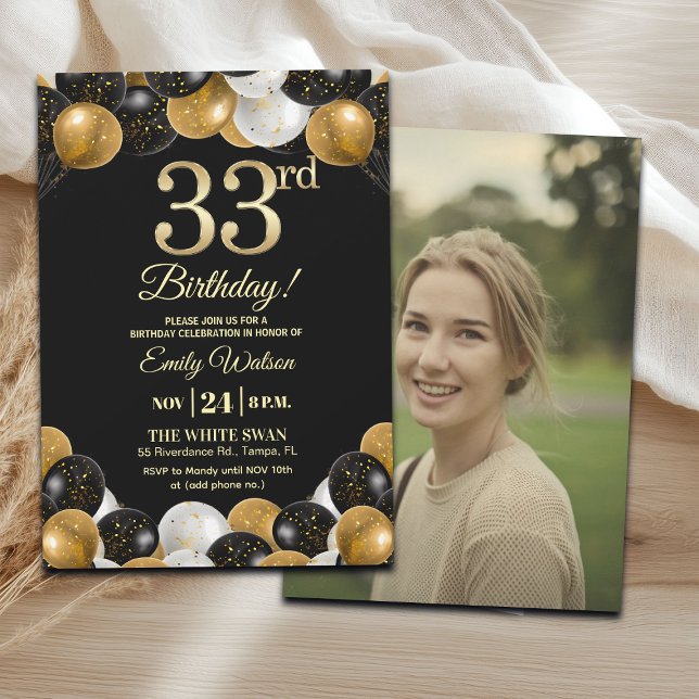 Convite Elegant Black Gold Glitter 33rd Birthday Photo (Criador carregado)