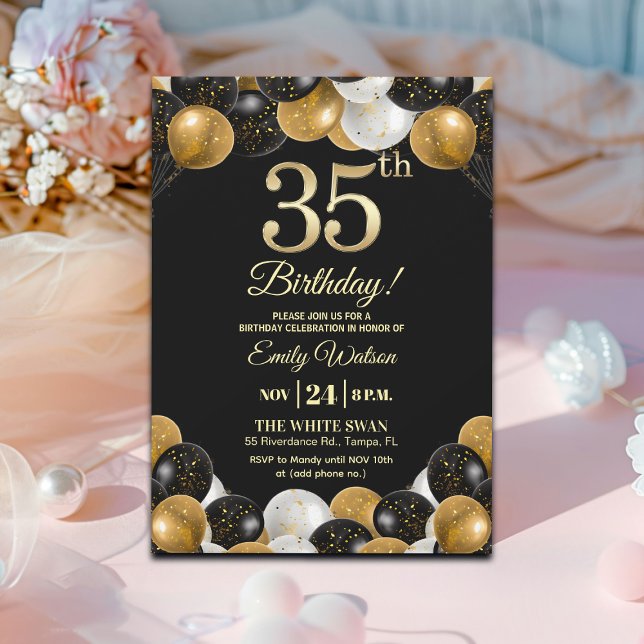 Convite Elegant Black Gold Glitter 35th Birthday Party (Criador carregado)