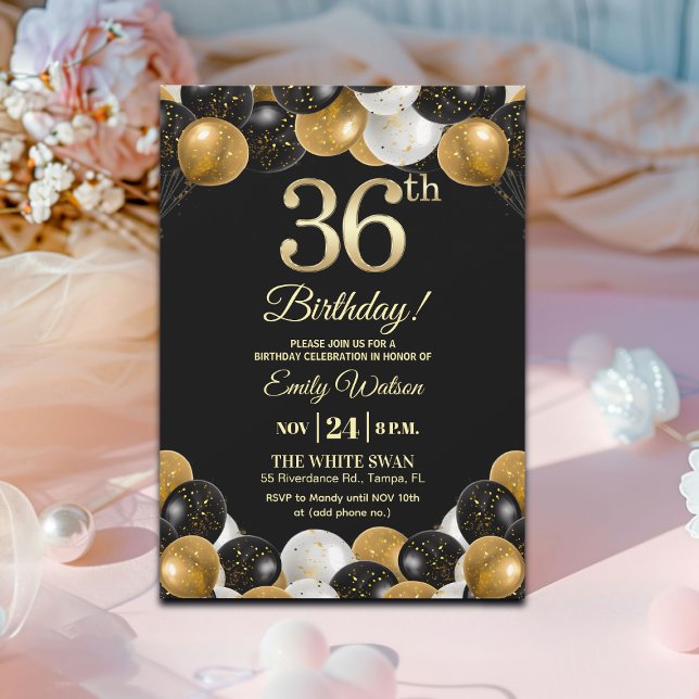 Convite Elegant Black Gold Glitter 36th Birthday Party (Criador carregado)