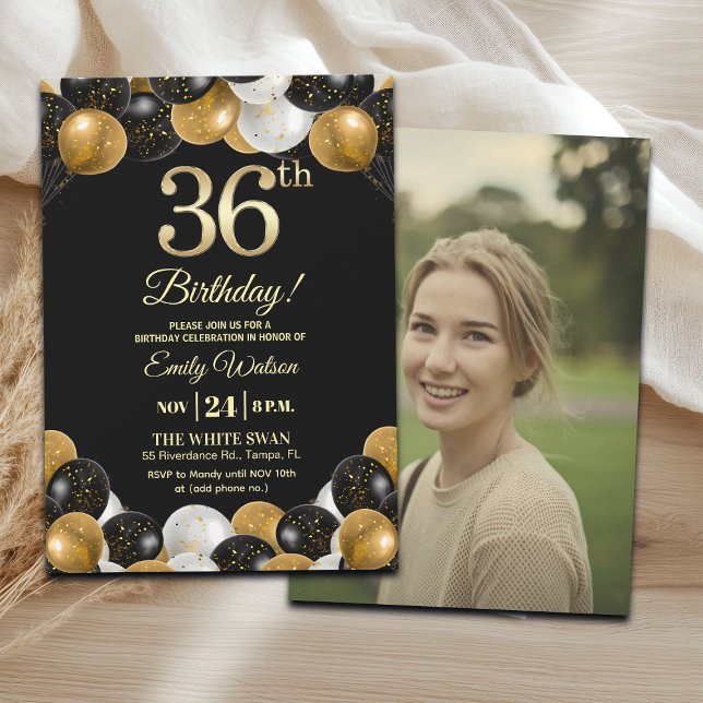 Convite Elegant Black Gold Glitter 36th Birthday Photo (Criador carregado)