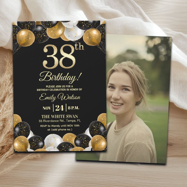 Convite Elegant Black Gold Glitter 38th Birthday Photo (Criador carregado)