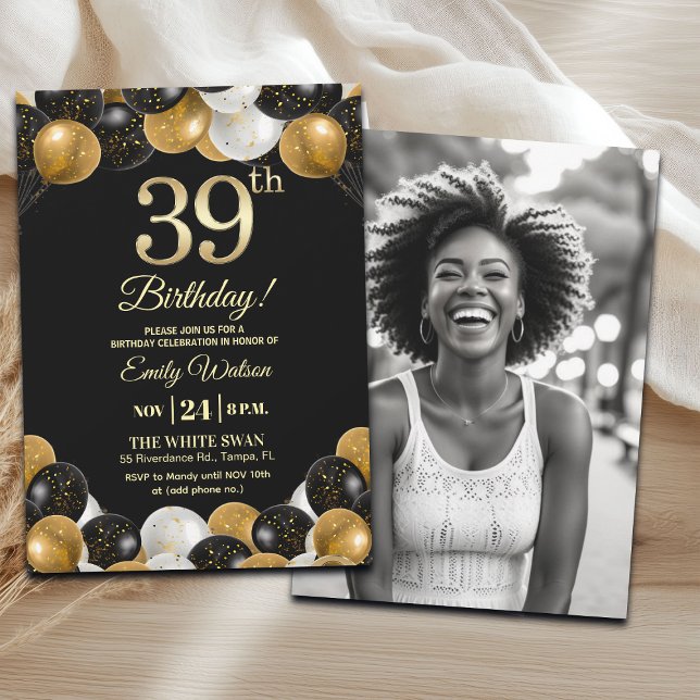 Convite Elegant Black Gold Glitter 39th Birthday Photo (Criador carregado)