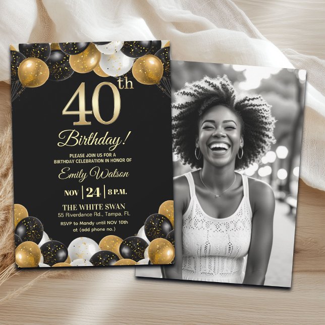 Convite Elegant Black Gold Glitter 40th Birthday Photo (Criador carregado)
