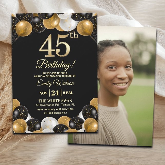 Convite Elegant Black Gold Glitter 45th Birthday Photo (Criador carregado)