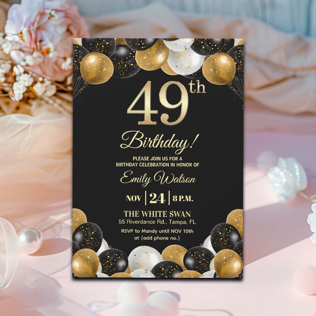 Convite Elegant Black Gold Glitter 49th Birthday Party (Criador carregado)