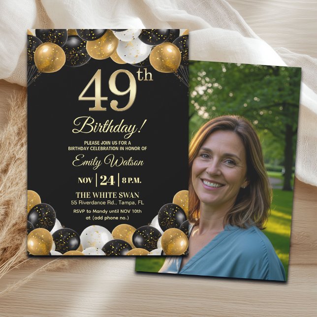 Convite Elegant Black Gold Glitter 49th Birthday Photo (Criador carregado)