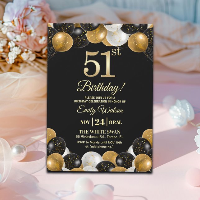 Convite Elegant Black Gold Glitter 51st Birthday Party (Criador carregado)