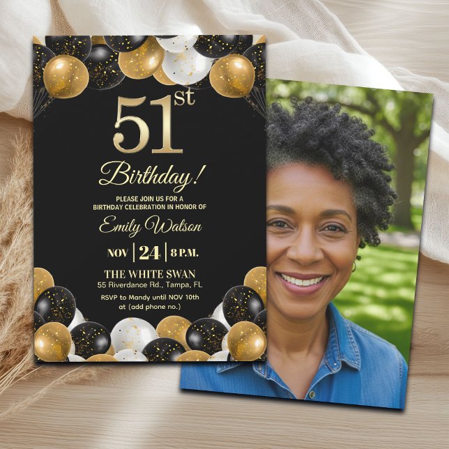 Convite Elegant Black Gold Glitter 51st Birthday Photo (Criador carregado)