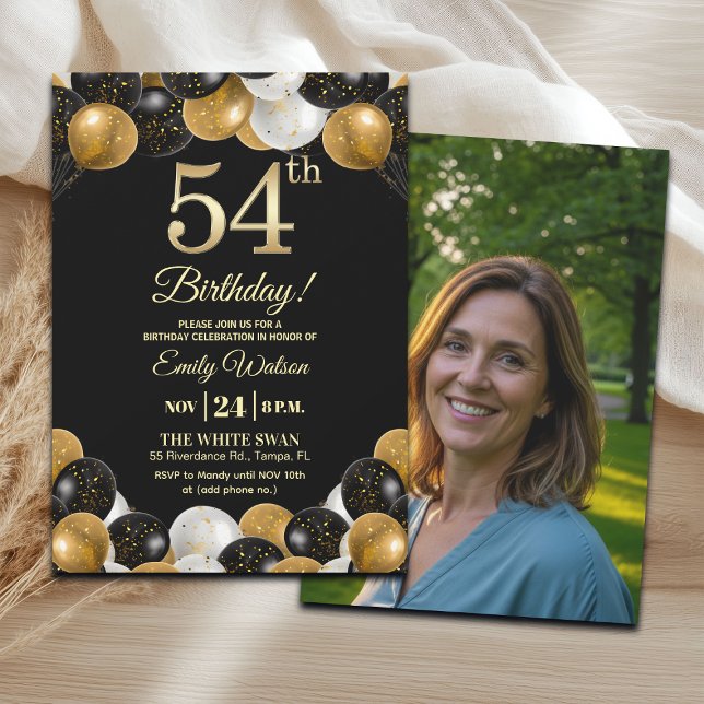 Convite Elegant Black Gold Glitter 54th Birthday Photo (Criador carregado)