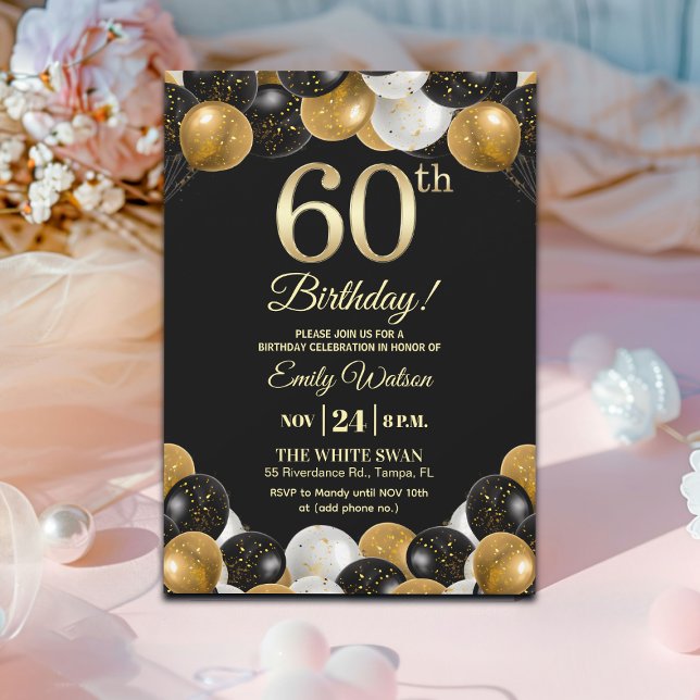 Convite Elegant Black Gold Glitter 60th Birthday Party (Criador carregado)