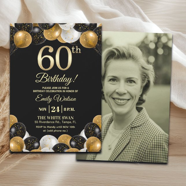 Convite Elegant Black Gold Glitter 60th Birthday Photo (Criador carregado)