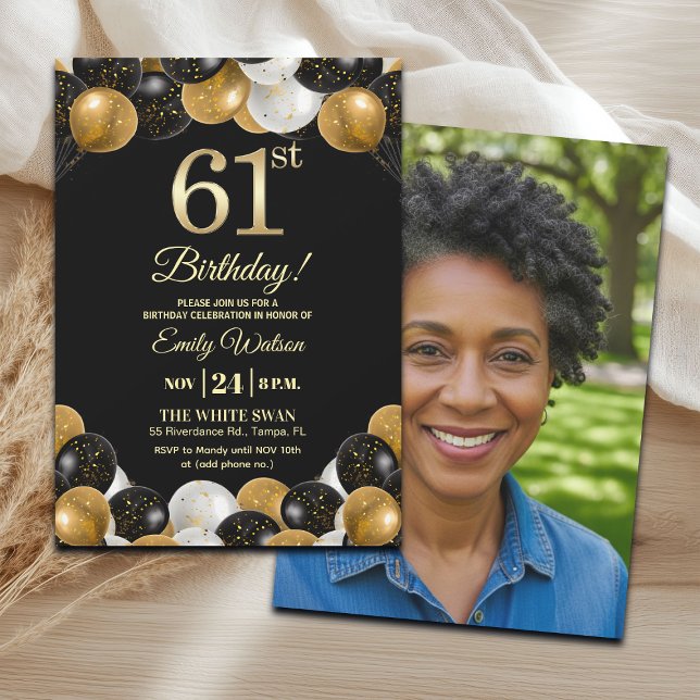 Convite Elegant Black Gold Glitter 61st Birthday Photo (Criador carregado)