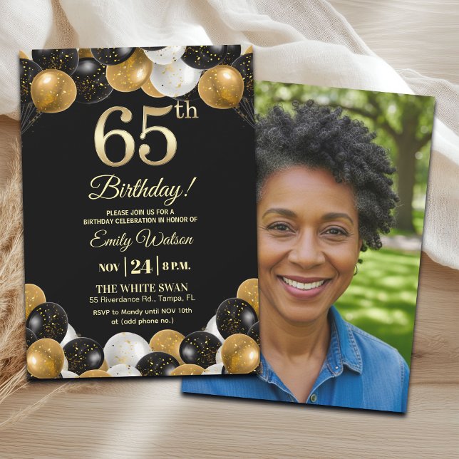 Convite Elegant Black Gold Glitter 65th Birthday Photo (Criador carregado)