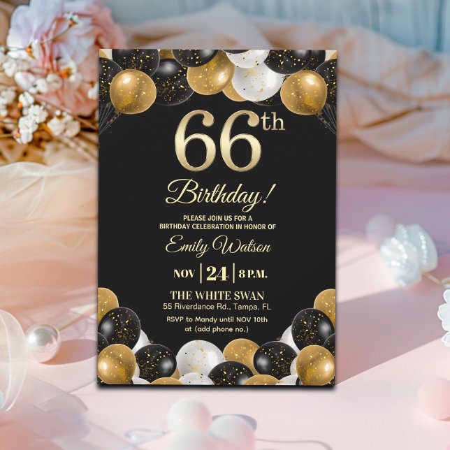 Convite Elegant Black Gold Glitter 66th Birthday Party (Criador carregado)