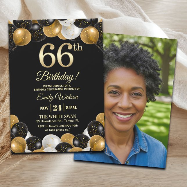 Convite Elegant Black Gold Glitter 66th Birthday Photo (Criador carregado)