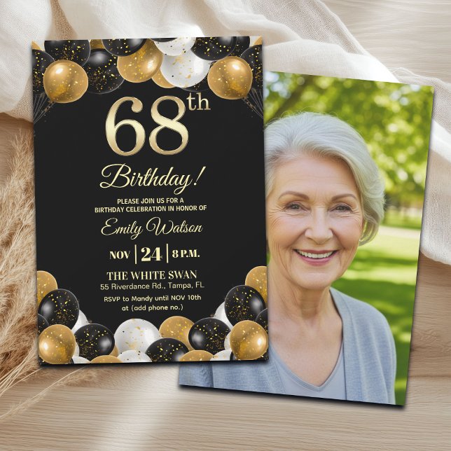 Convite Elegant Black Gold Glitter 68th Birthday Photo (Criador carregado)