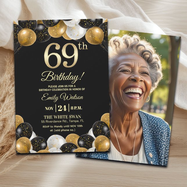 Convite Elegant Black Gold Glitter 69th Birthday Photo (Criador carregado)