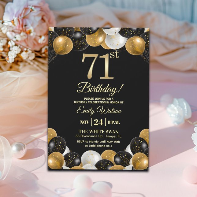 Convite Elegant Black Gold Glitter 71st Birthday Party (Criador carregado)
