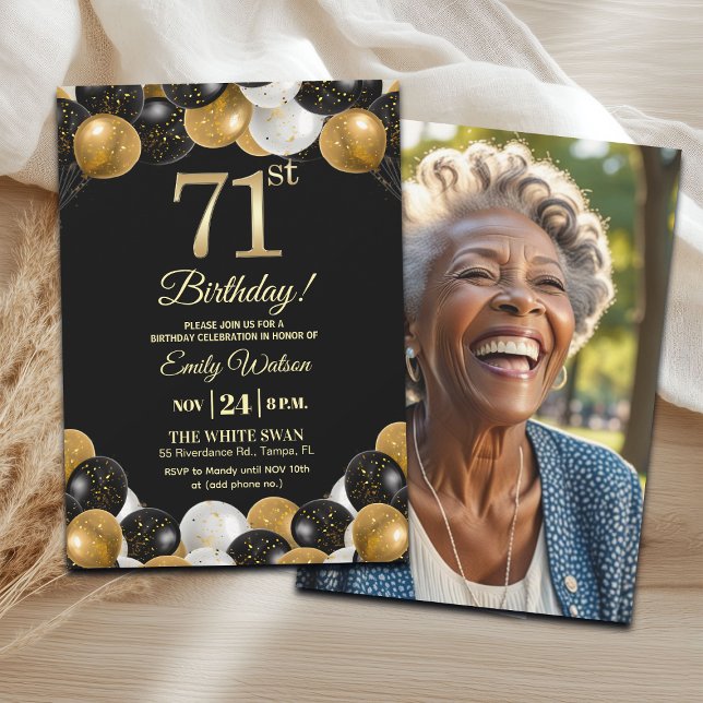 Convite Elegant Black Gold Glitter 71st Birthday Photo (Criador carregado)