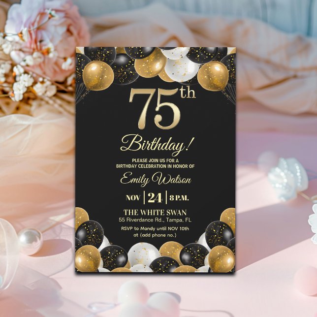 Convite Elegant Black Gold Glitter 75th Birthday Party (Criador carregado)
