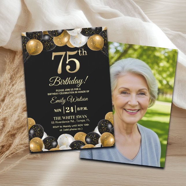 Convite Elegant Black Gold Glitter 75th Birthday Photo (Criador carregado)