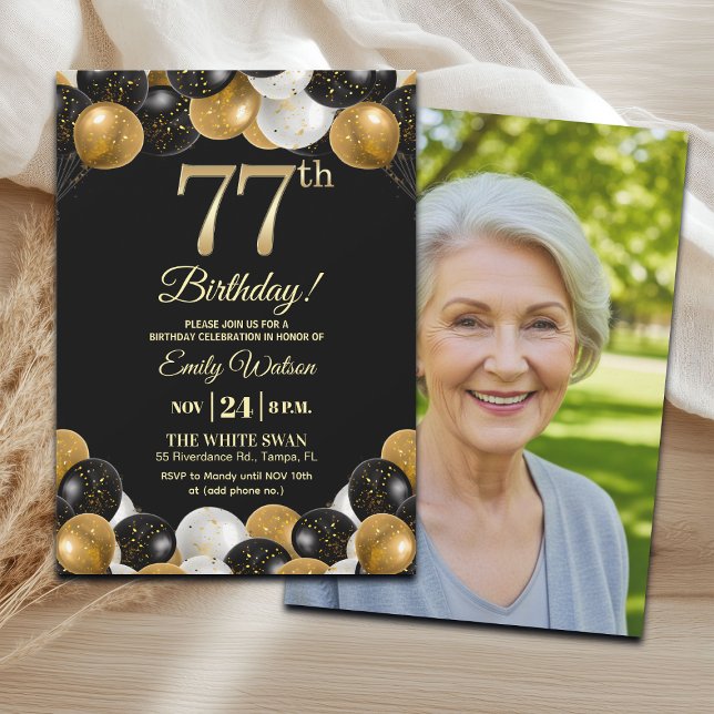 Convite Elegant Black Gold Glitter 77th Birthday Photo (Criador carregado)