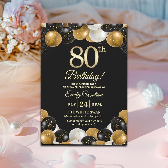 Convite Elegant Black Gold Glitter 80th Birthday (Criador carregado)