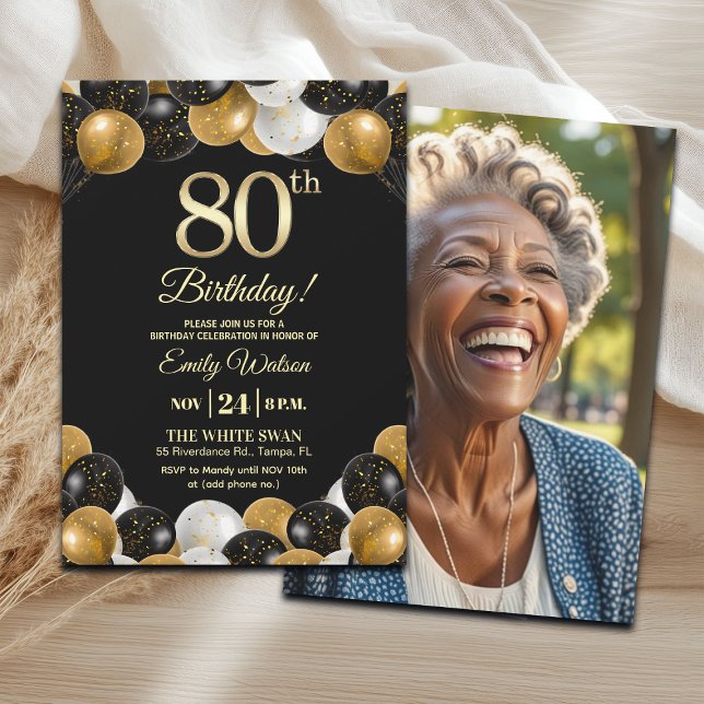 Convite Elegant Black Gold Glitter 80th Birthday Photo (Criador carregado)